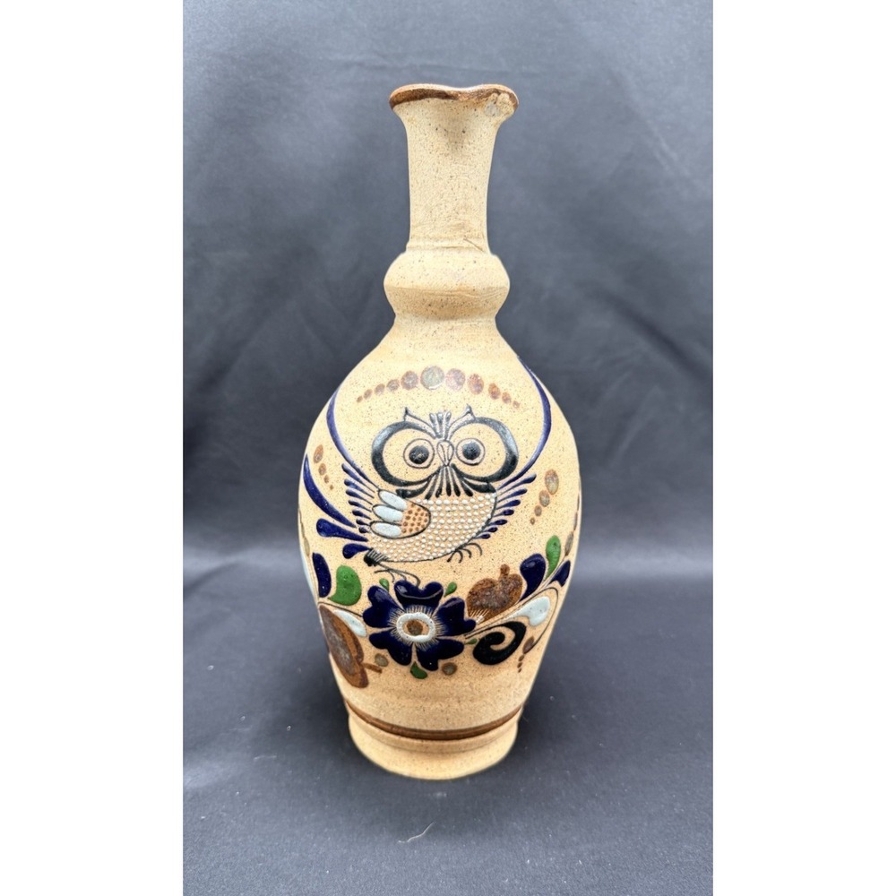 Vintage Tonala Mexico Pottery Owl Bud Vase Hand‎ Painted Folk Art Stoneware 11"